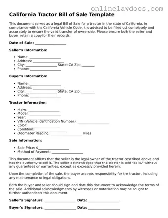 Legal  Tractor Bill of Sale Document for California