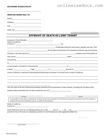 Fill a Valid California Death of a Joint Tenant Affidavit Form