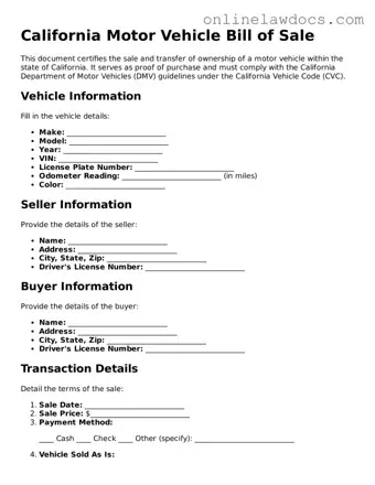 Legal  Motor Vehicle Bill of Sale Document for California
