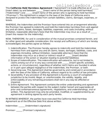 Legal  Hold Harmless Agreement Document for California
