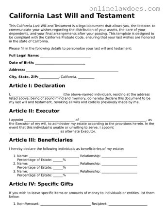 Legal  Last Will and Testament Document for California