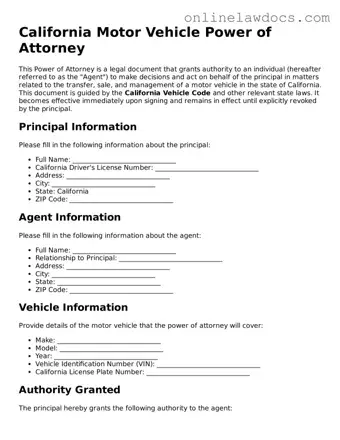 Legal  Motor Vehicle Power of Attorney Document for California