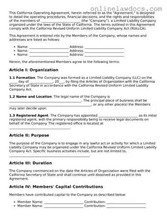 Legal  Operating Agreement Document for California