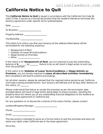 Legal  Notice to Quit Document for California