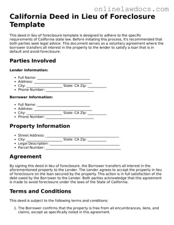 Legal  Deed in Lieu of Foreclosure Document for California