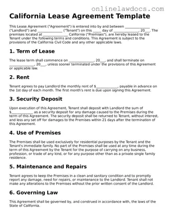 Legal  Lease Agreement Document for California
