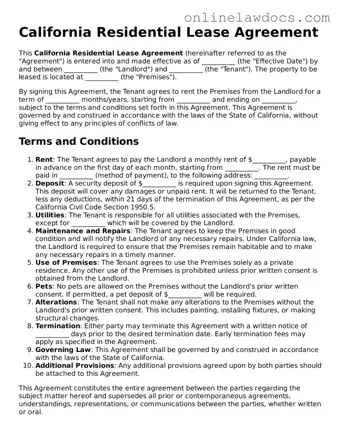 Legal  Residential Lease Agreement Document for California