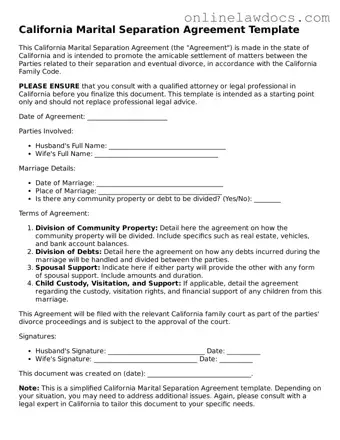 Legal  Marital Separation Agreement Document for California