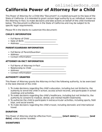Legal  Power of Attorney for a Child Document for California