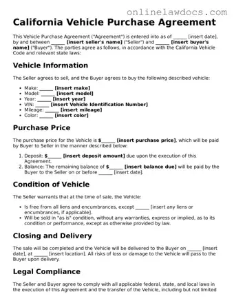 Legal  Vehicle Purchase Agreement Document for California