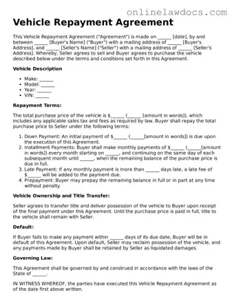 Free Vehicle Repayment Agreement Document