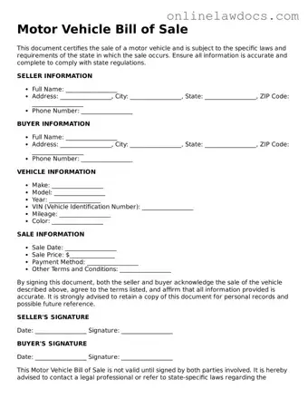 Free Motor Vehicle Bill of Sale Document