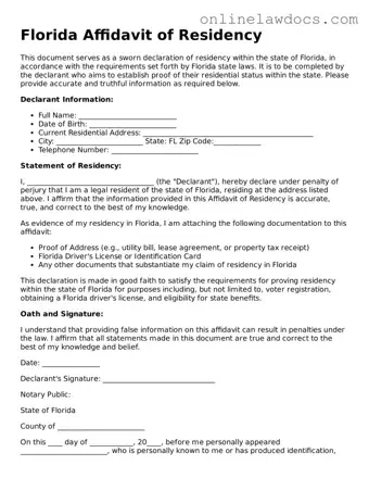 Legal  Affidavit of Residency Document for Florida