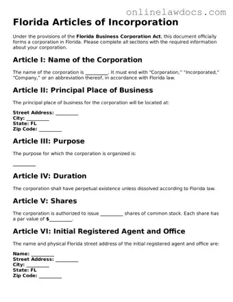 Legal  Articles of Incorporation Document for Florida