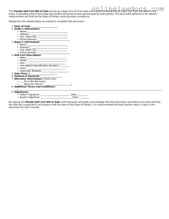 Legal  Golf Cart Bill of Sale Document for Florida
