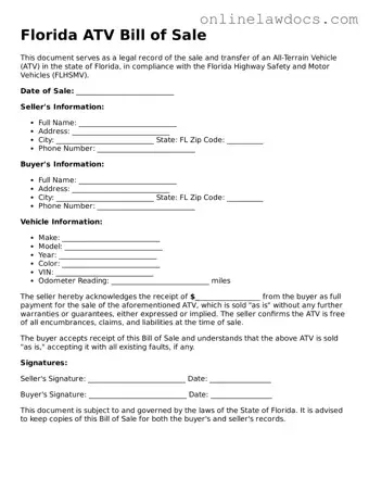 Legal  ATV Bill of Sale Document for Florida