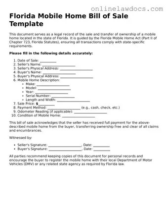 Legal  Mobile Home Bill of Sale Document for Florida