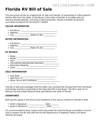 Legal  RV Bill of Sale Document for Florida