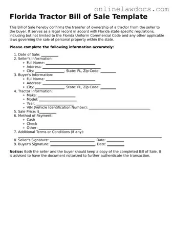 Legal  Tractor Bill of Sale Document for Florida