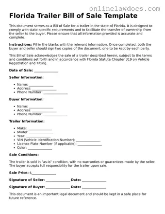 Legal  Trailer Bill of Sale Document for Florida