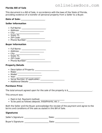 Legal  Bill of Sale Document for Florida