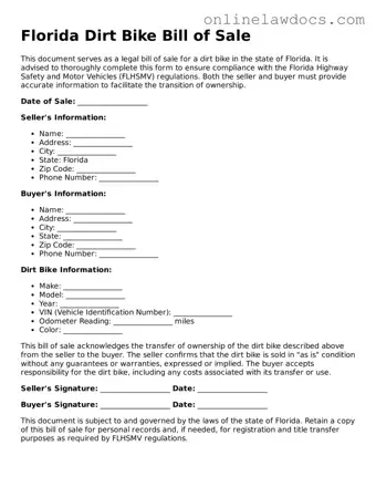 Legal  Dirt Bike Bill of Sale Document for Florida