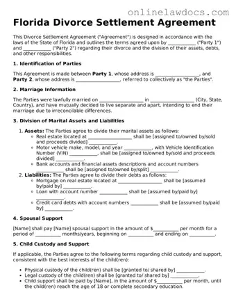 Legal  Divorce Settlement Agreement Document for Florida