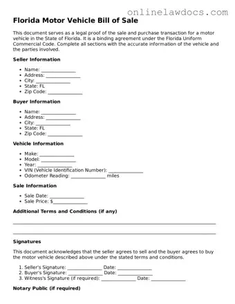 Legal  Motor Vehicle Bill of Sale Document for Florida