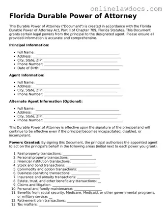 Legal  Durable Power of Attorney Document for Florida