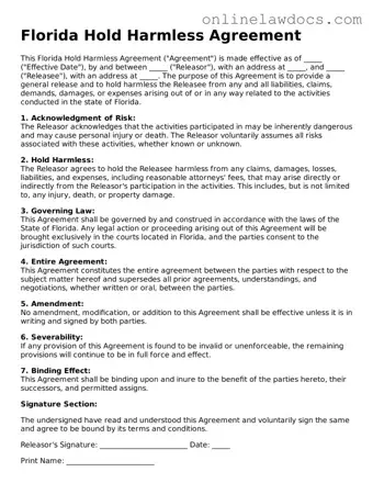 Legal  Hold Harmless Agreement Document for Florida
