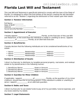 Legal  Last Will and Testament Document for Florida