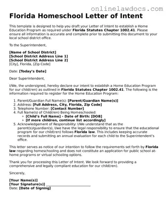 Legal  Homeschool Letter of Intent Document for Florida