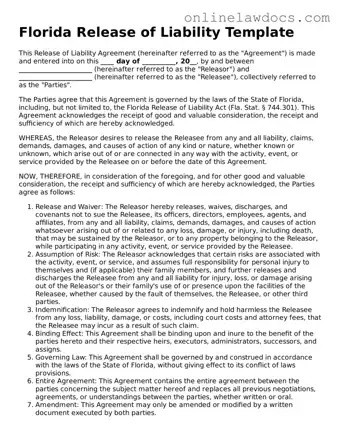 Legal  Release of Liability Document for Florida