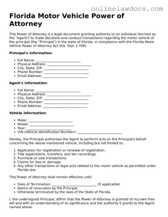 Legal  Motor Vehicle Power of Attorney Document for Florida