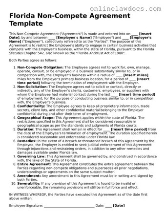 Legal  Non-compete Agreement Document for Florida