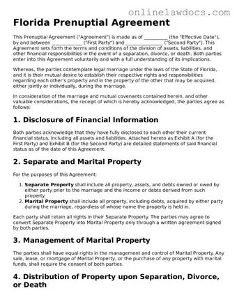 Legal  Prenuptial Agreement Document for Florida