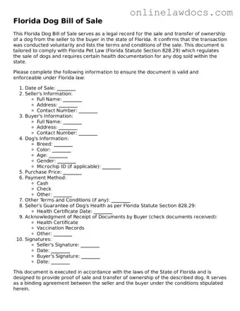 Legal  Dog Bill of Sale Document for Florida
