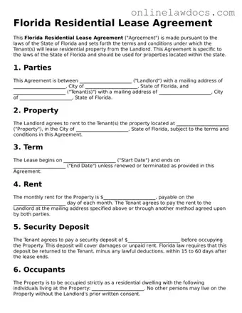 Legal  Residential Lease Agreement Document for Florida