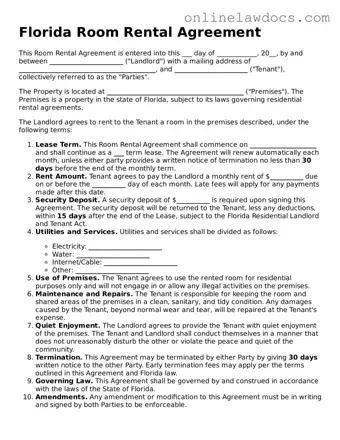 Legal  Room Rental Agreement Document for Florida