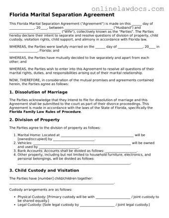 Legal  Marital Separation Agreement Document for Florida