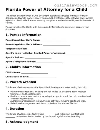 Legal  Power of Attorney for a Child Document for Florida