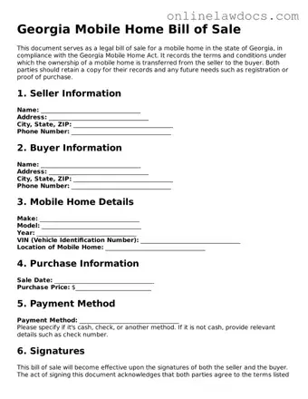 Legal  Mobile Home Bill of Sale Document for Georgia