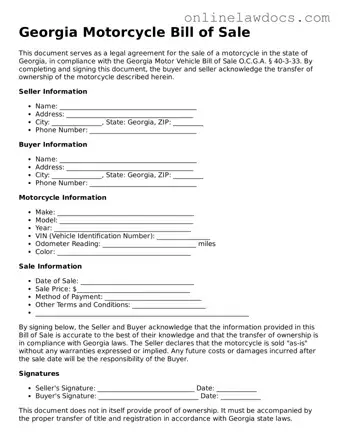 Legal  Motorcycle Bill of Sale Document for Georgia