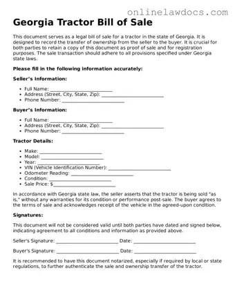 Legal  Tractor Bill of Sale Document for Georgia