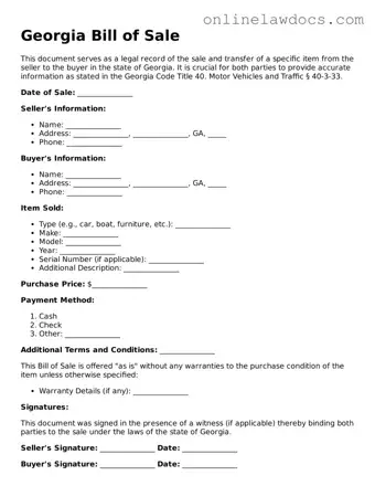 Legal  Bill of Sale Document for Georgia
