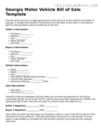 Legal  Motor Vehicle Bill of Sale Document for Georgia