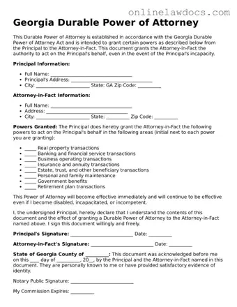 Legal  Durable Power of Attorney Document for Georgia
