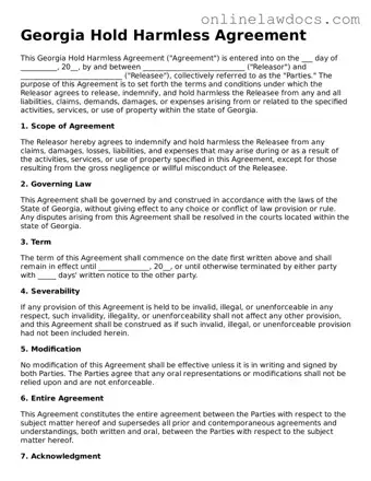 Legal  Hold Harmless Agreement Document for Georgia