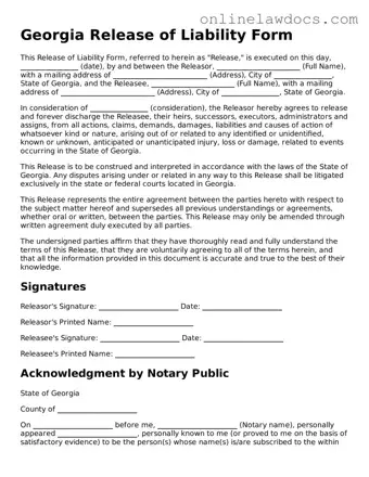 Legal  Release of Liability Document for Georgia