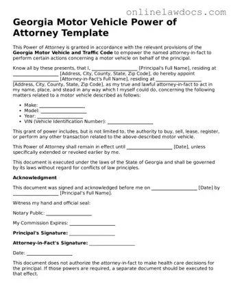 Legal  Motor Vehicle Power of Attorney Document for Georgia